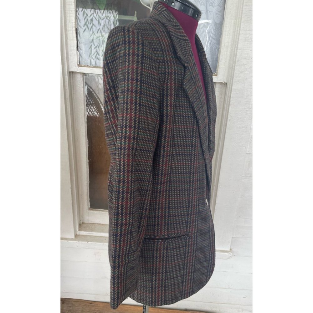 Vintage 1990s Hounds Tooth Plaid Wool Blend Womens Blazer 14 Petite - Picture 5 of 12